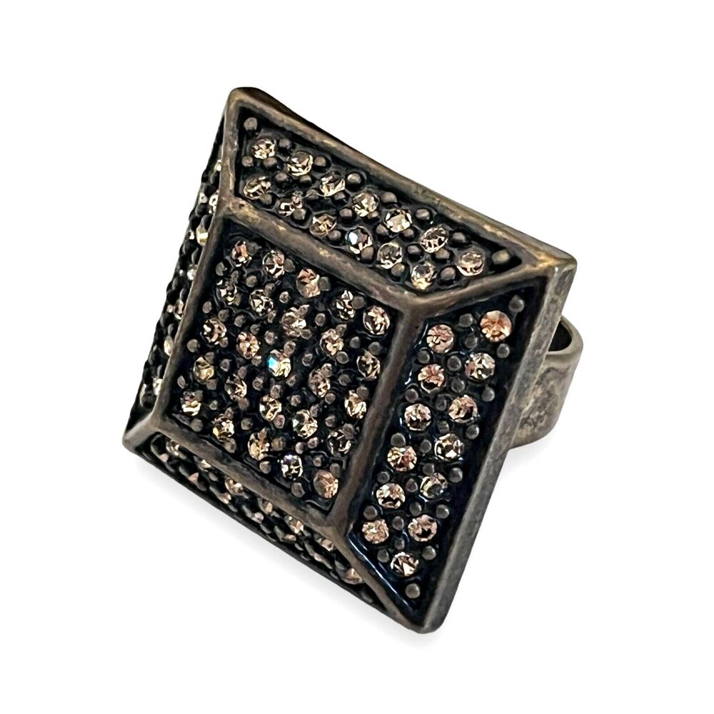 New Pave Crystal Ring Antique Brass Tone Adjustable - 2T